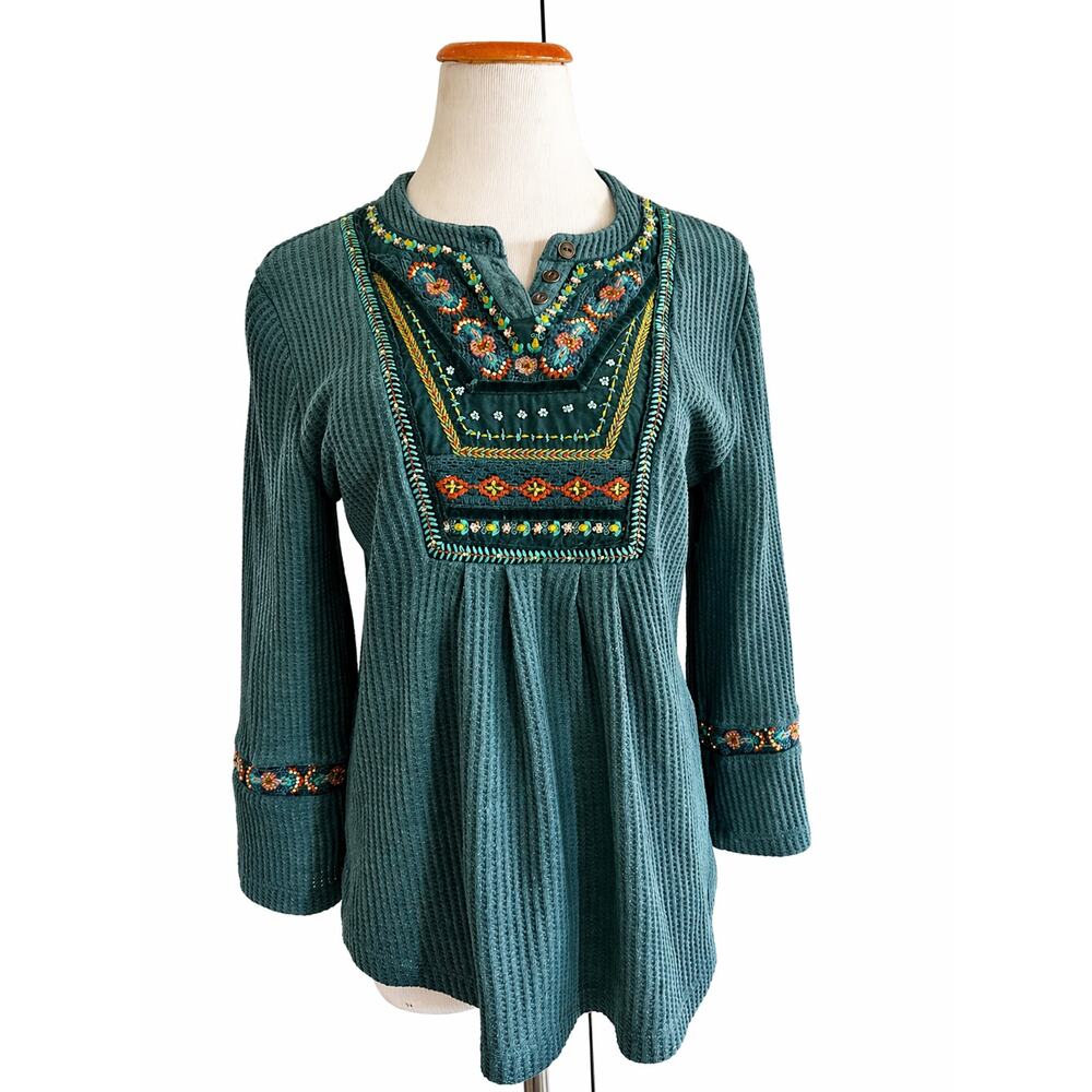 Soft Surroundings Womens Thermal Boho Top Size M Teal Embellished Hippie - Picture 2 of 11
